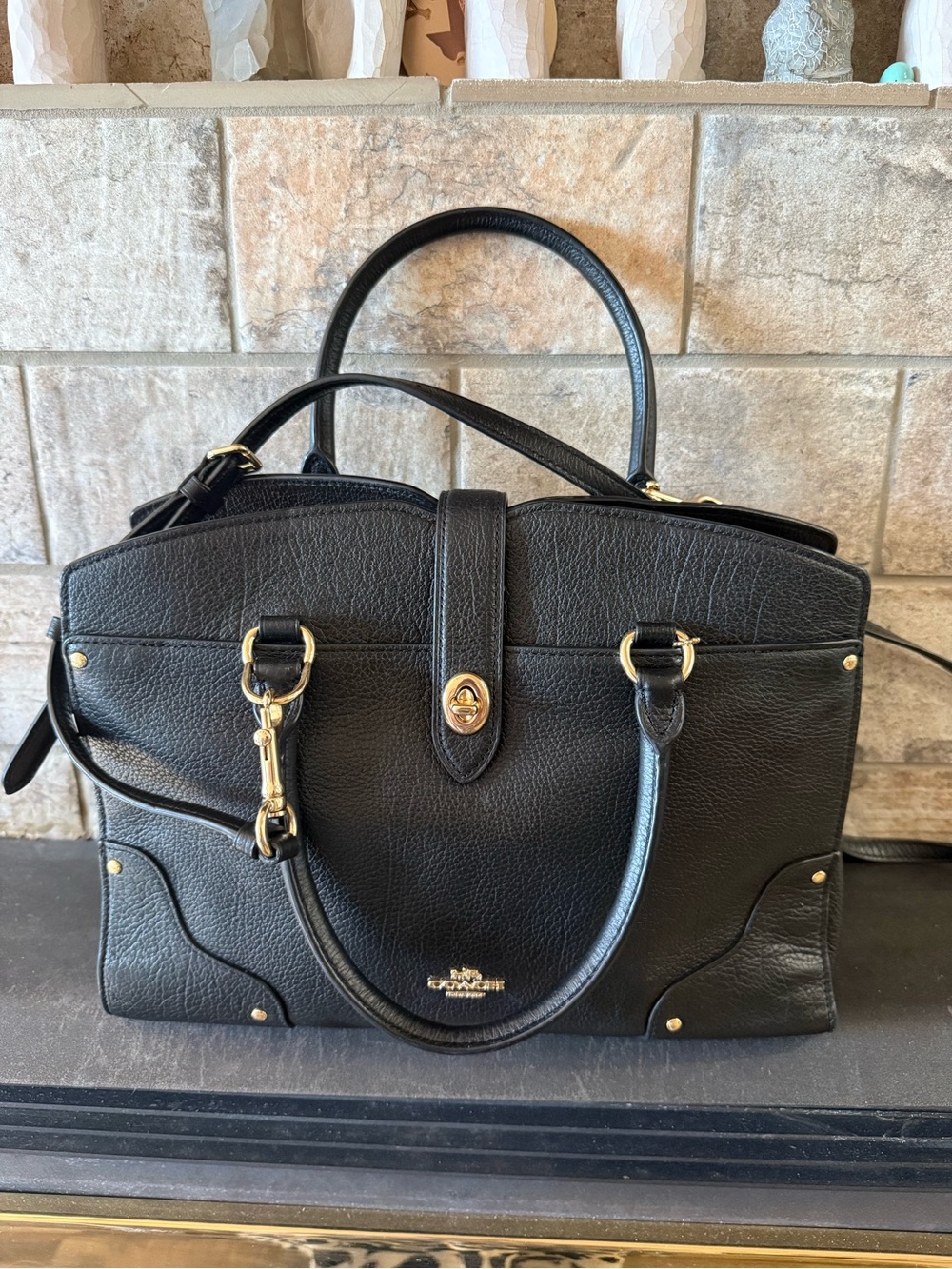 Coach Black Leather Mercer Satchel with Gold-Tone Details